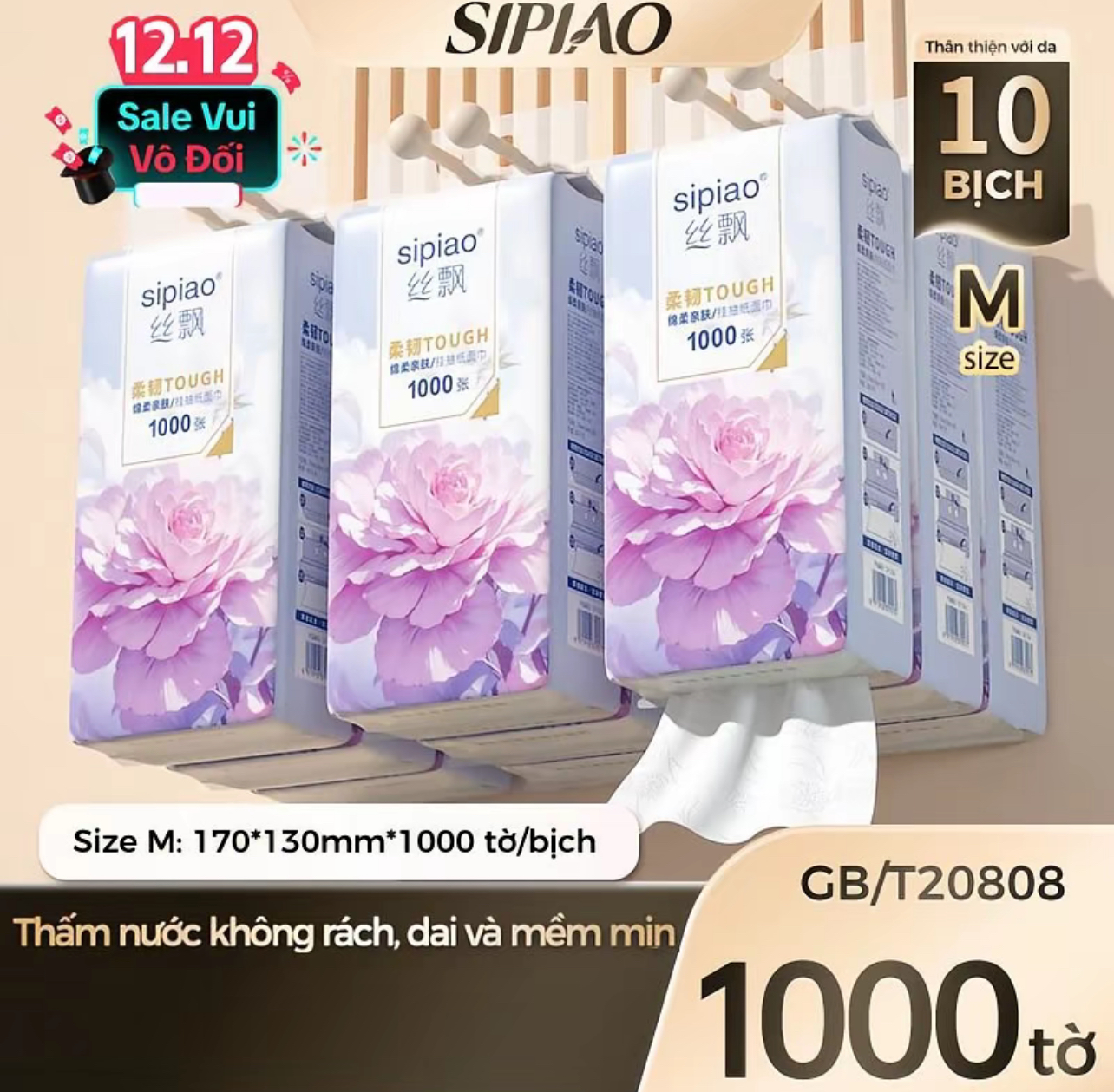 COMBO 10 bịch khăn giấy Sipiao tissue 5 Lớp Mềm Mại Và Thoải Mái 1000 Tờ 170 * 130mm