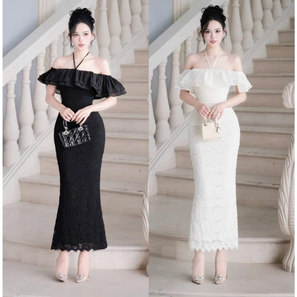 Đầm thiết kế dự tiệc ôm body tôn dáng 2 màu Trắng Đen cổ yếm bèo xòe ngực có mút kiểu dáng siêu sang quyến rũ cho nữ